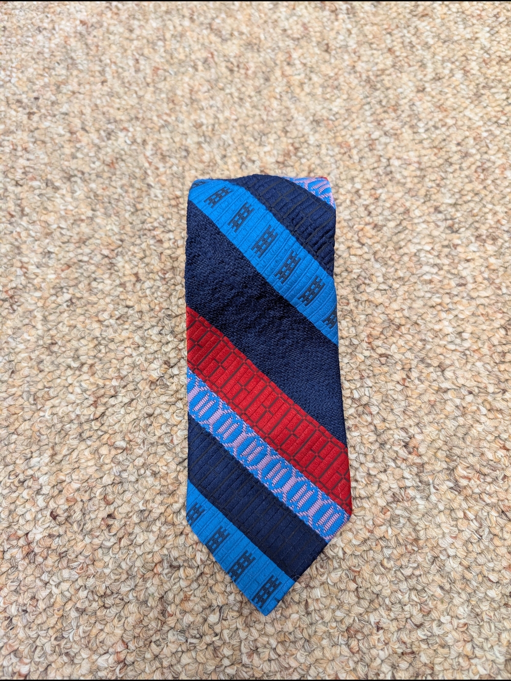 VTG Prince Consort Button Down Tie Retro Geometric Block Stripe Blue Red